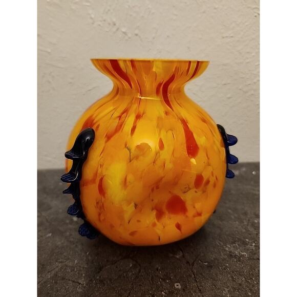 Kralik Art Glass ORANGE Yellow Black Tooled Rigaree SIGNED Made in Cz Chips - Picture 6 of 14